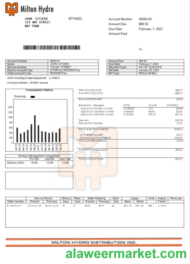 Canada Milton Hydro electricity bill Word and PDF template